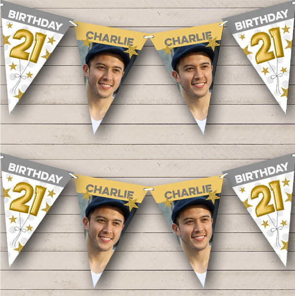 21st Birthday Balloons Photo Gold Grey Stars Personalised Party Banner Bunting