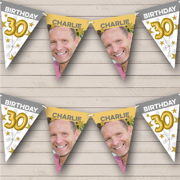 30th Birthday Balloons Photo Gold Grey Stars Personalised Party Banner Bunting