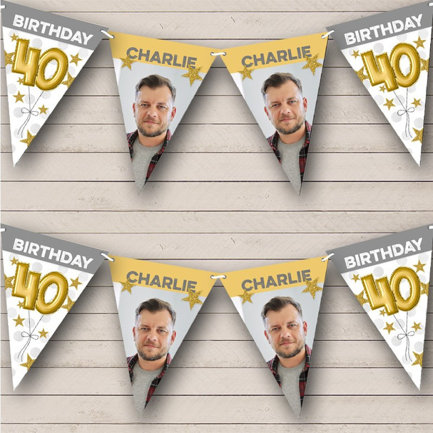 40th Birthday Balloons Photo Gold Grey Stars Personalised Party Banner Bunting