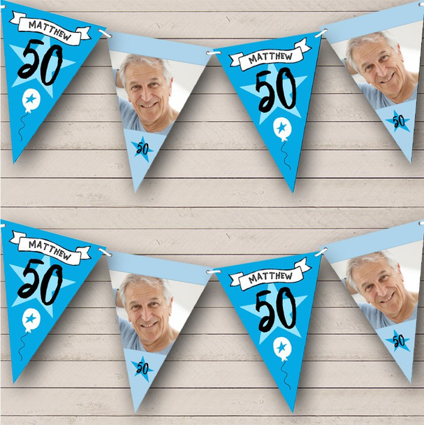 50th Birthday Male Blue Photo Star Banner Balloon Personalised Banner Bunting