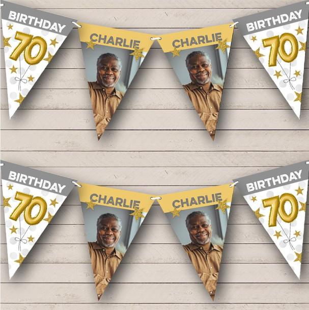 70th Birthday Balloons Photo Gold Grey Stars Personalised Party Banner Bunting