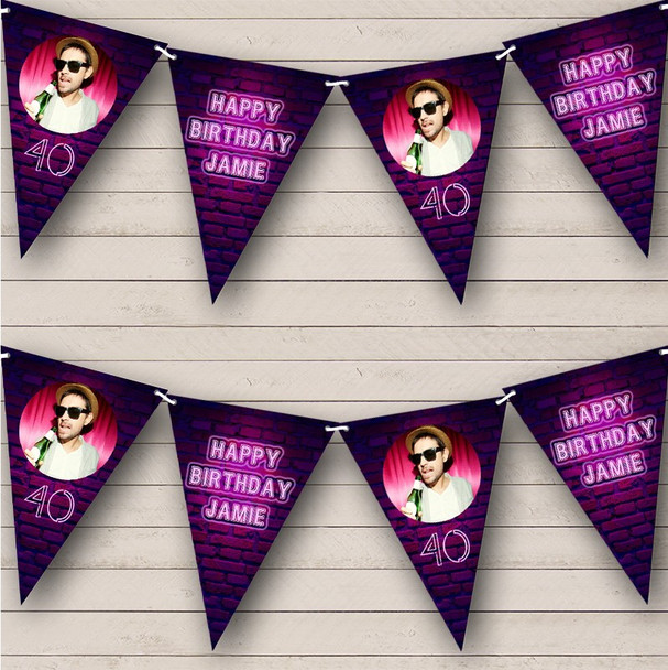 80'S Neon Theme Purple Pink Age Photo Birthday Personalised Banner Bunting