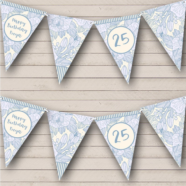 Baby Blue Drawn Floral Birthday Age Personalised Party Banner Bunting