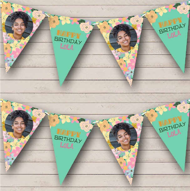 Green Pink Pastel Flowers Birthday Photo Personalised Party Banner Bunting
