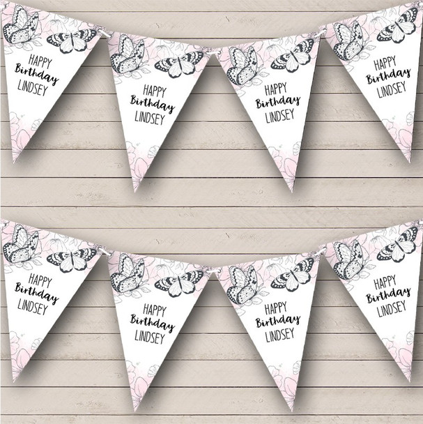 Happy Birthday Pink Watercolour Doodle Butterflies Personalised Banner Bunting