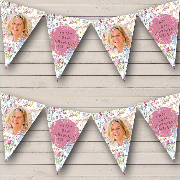 Watercolour Floral Happy Birthday Bunting Photo Personalised Banner Bunting