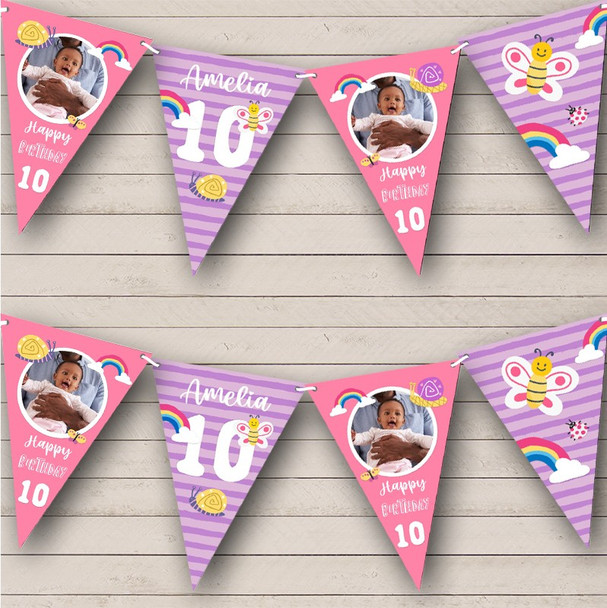 10th Birthday Girl Butterfly Snail Rainbow Photo Any Age Personalised Bunting