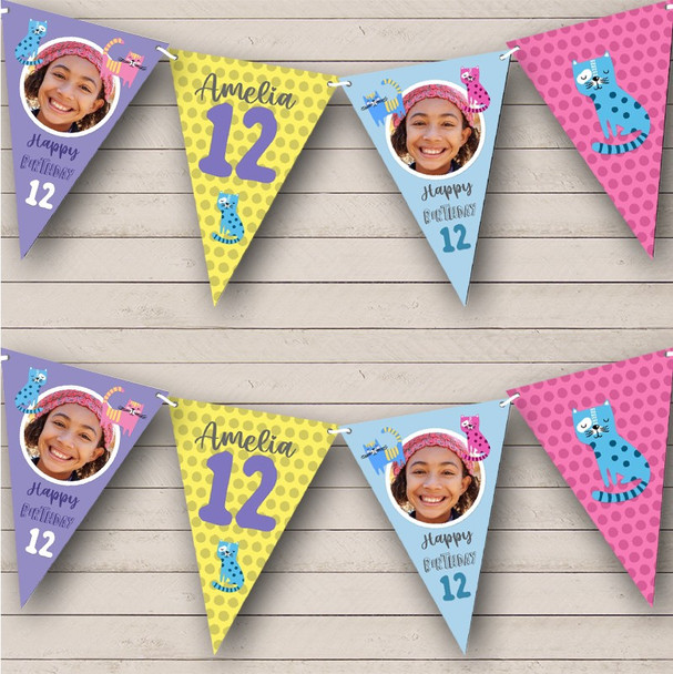 12th Birthday Girl Kids Cats Kitten Photo Pink Any Age Personalised Bunting