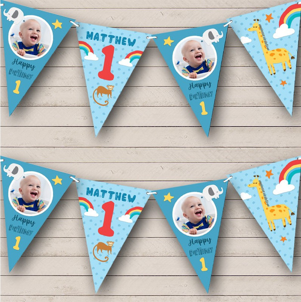 1st Birthday Boy Baby Animals Zoo Photo Blue Any Age Personalised Banner Bunting