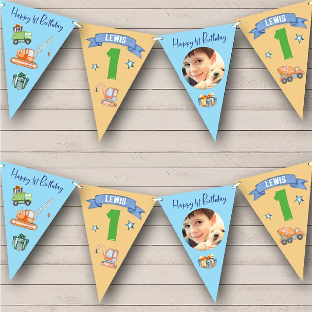 1st Birthday Boy Cars Trucks Toys Blue Orange Photo Any Age Personalised Bunting