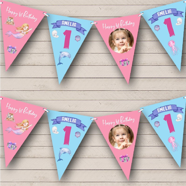 1st Birthday Girl Kid Mermaid Underwater Photo Any Age Personalised Bunting