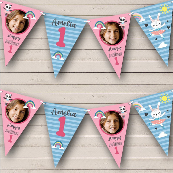 1st Birthday Girl Kids Bunny Ballet Pink Photo Any Age Personalised Bunting