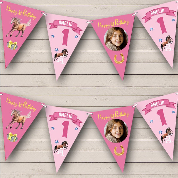 1st Birthday Girl Kids Horse Riding Photo Pink Any Age Personalised Bunting