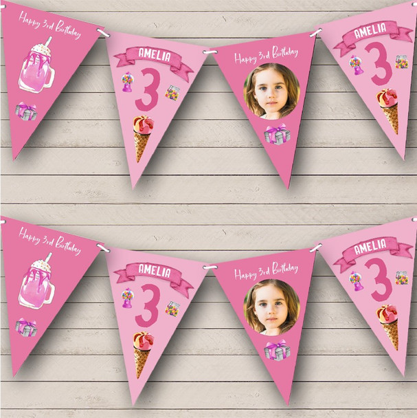 3rd Birthday Girl Kid Sweets Ice Cream Pink Photo Any Age Personalised Bunting