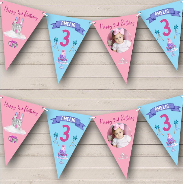 3rd Birthday Girl Princess Castle Pink Photo Any Age Personalised Bunting