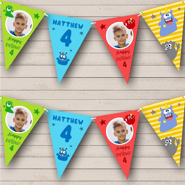 4th Birthday Boy Monster Bright Photo Stars Any Age Personalised Banner Bunting