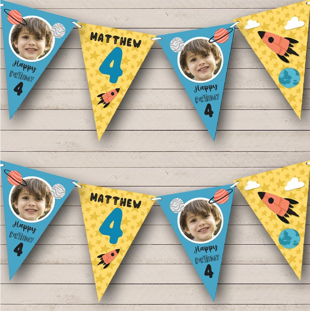 4th Birthday Boy Out Of Space Stars Yellow Photo Any Age Personalised Bunting