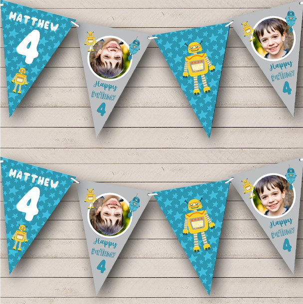 4th Birthday Boy Robot Photo Blue Stars Any Age Personalised Banner Bunting