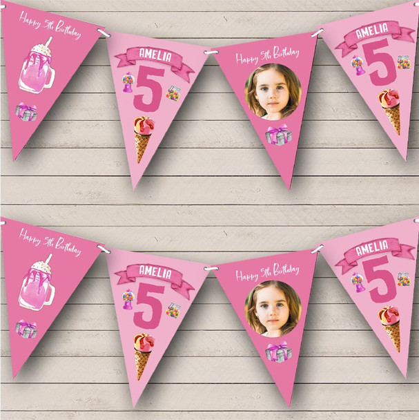 5th Birthday Girl Kid Sweets Ice Cream Pink Photo Any Age Personalised Bunting