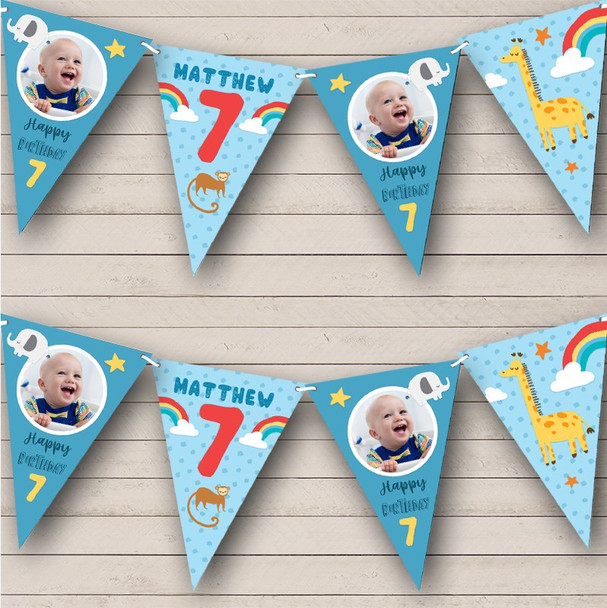 7th Birthday Boy Baby Animals Zoo Photo Blue Any Age Personalised Banner Bunting