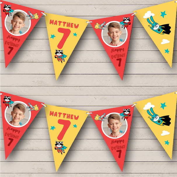 7th Birthday Boy Kids Superhero Red Photo Red Any Age Personalised Bunting
