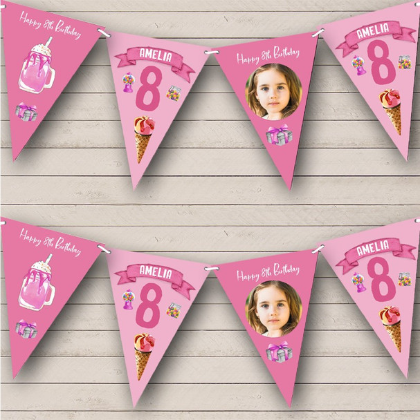 8th Birthday Girl Kid Sweets Ice Cream Pink Photo Any Age Personalised Bunting