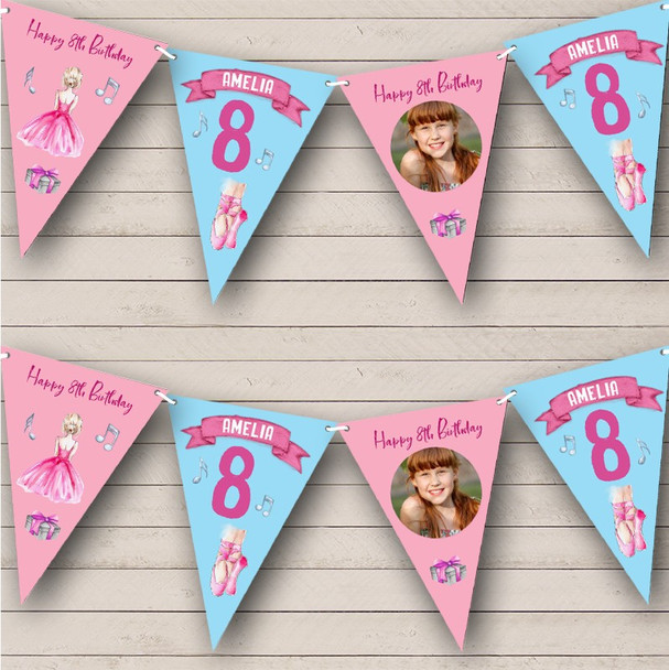 8th Birthday Girl Kids Painted Ballet Pink Photo Any Age Personalised Bunting