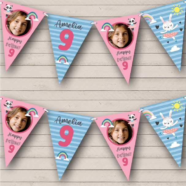 9th Birthday Girl Kids Bunny Ballet Pink Photo Any Age Personalised Bunting