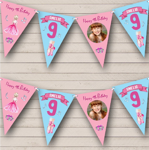 9th Birthday Girl Kids Painted Ballet Pink Photo Any Age Personalised Bunting