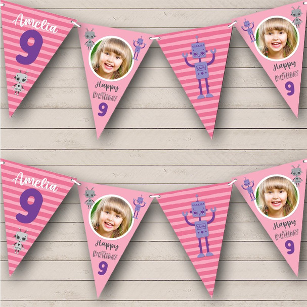 9th Birthday Girl Kids Robot Cute Pink Purple Photo Any Age Personalised Bunting