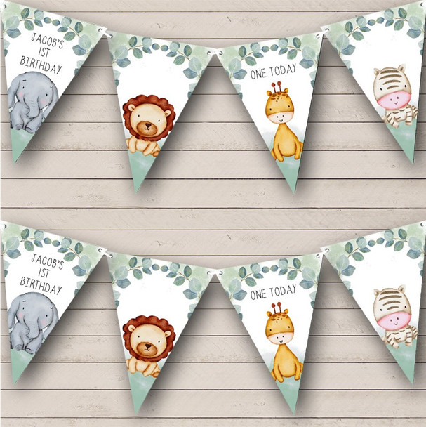 Baby's First Birthday Watercolour Animals Leaves Personalised Banner Bunting