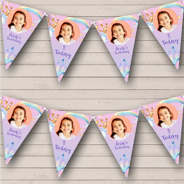 Birthday Rainbow Crown Castle Watercolour Photo Personalised Banner Bunting