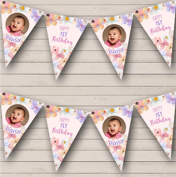 First Birthday Baby Photo Pastel Flowers Butterflies Personalised Banner Bunting