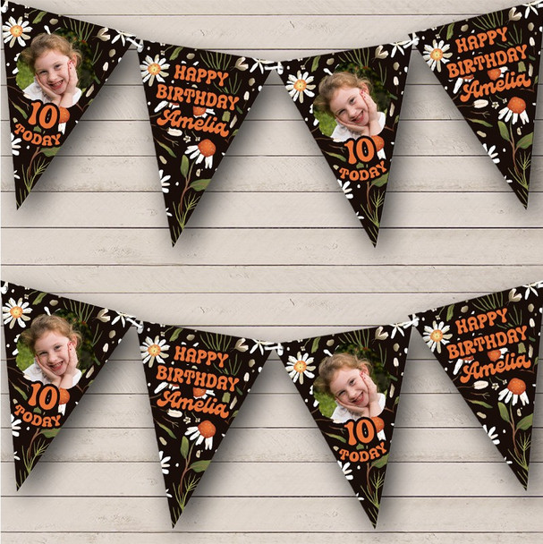 Green Orange Hippie Daisy Kids Birthday Photo Age Personalised Banner Bunting