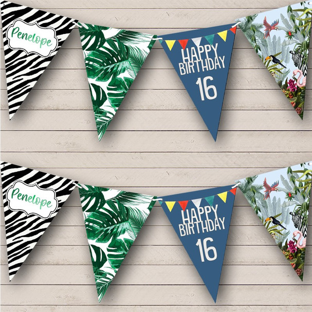 Jungle Bright Tropical Leaves Animals Birthday Age Personalised Banner Bunting