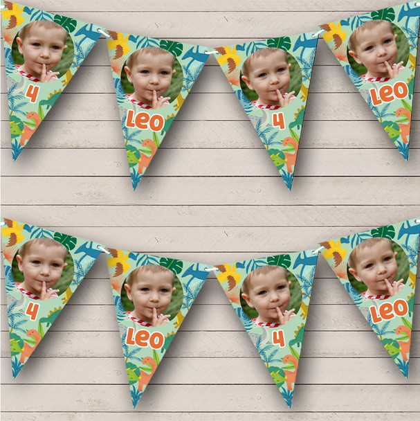 Jungle Leaves Dinosaur Boys Birthday Age Photo Personalised Party Banner Bunting