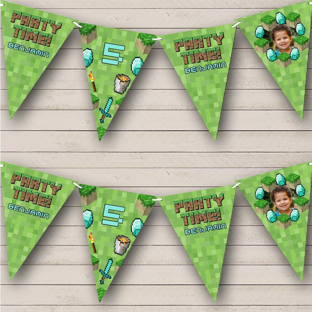 Kid's Birthday Minecraft Game Theme Age Photo Personalised Party Banner Bunting