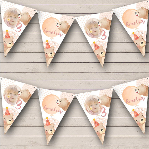 Peach Neutral Cute Bear Watercolour Birthday Age Personalised Banner Bunting