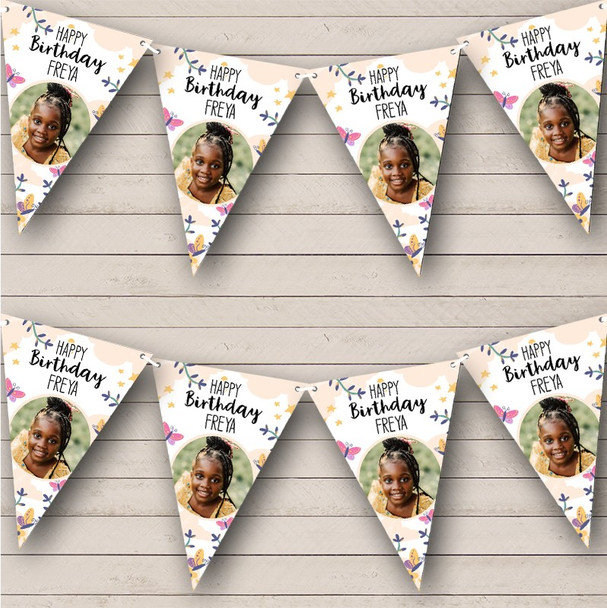 Pink Purple Butterfly Cute Birthday Photo Personalised Party Banner Bunting