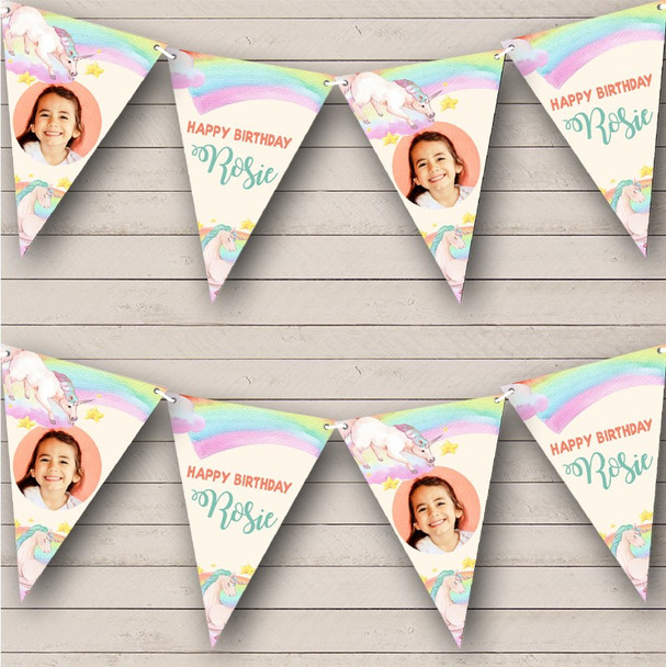 Pink Rainbow Unicorn Birthday Photo Personalised Party Banner Bunting