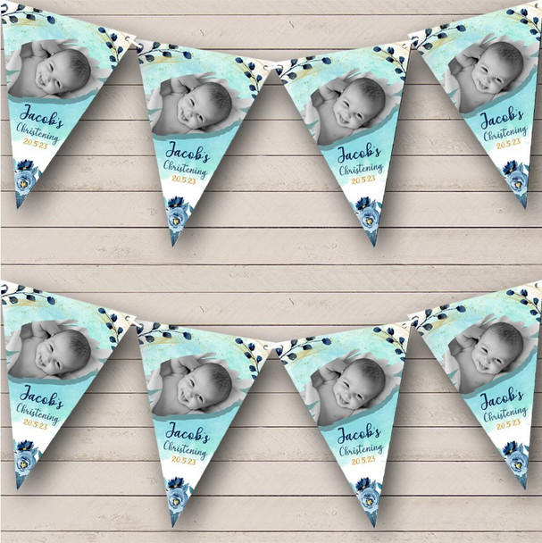 Blue Green White Watercolour Floral Christening Photo Personalised Bunting