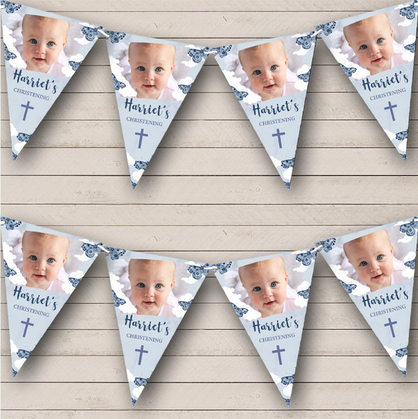 Blue Minimalist Butterfly Clouds Christening Cross Photo Personalised Bunting