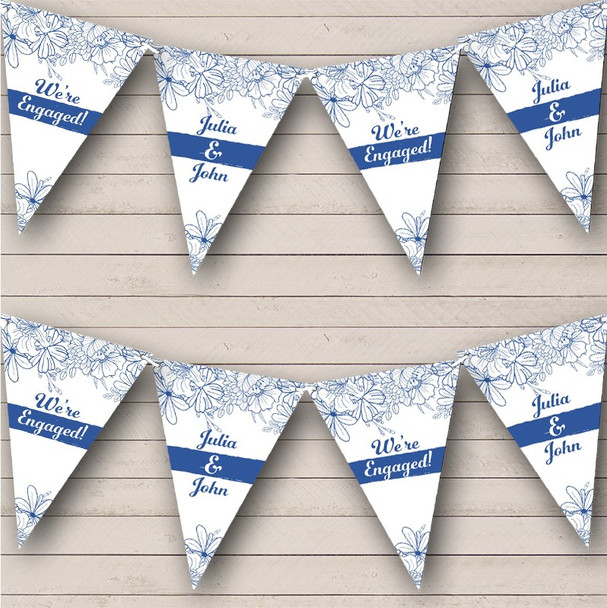 Engagement Blue White Floral Engaged Couple Personalised Party Banner Bunting