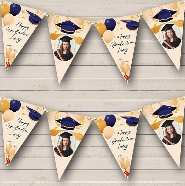 Blue Gold Graduation Cap Balloons Uni Graduate Photo Personalised Banner Bunting