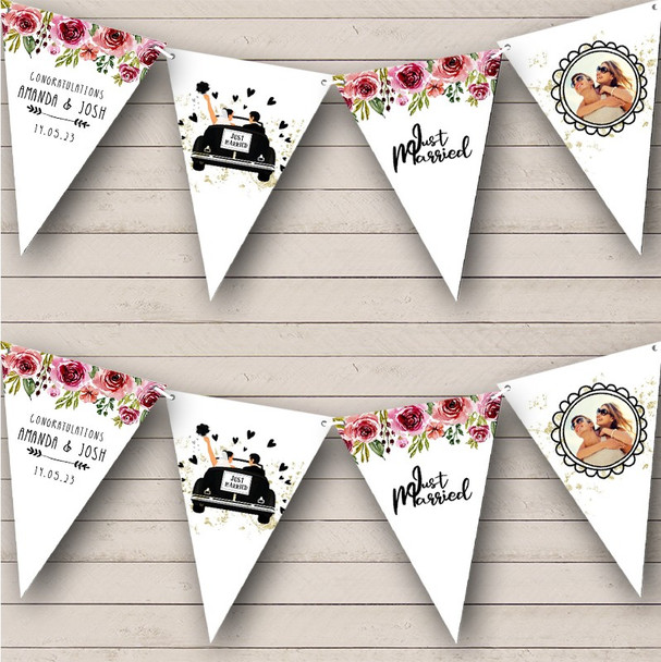 Congratulations Just Married Photo Pink Floral Wedding Car Personalised Bunting