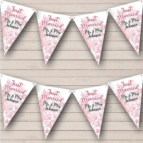 Just Married Watercolour Pink Flowers Wedding Day Personalised Banner Bunting