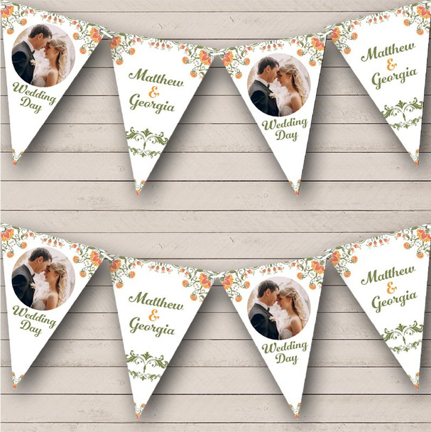 Minimal Green Orange Flowers Wedding Day Photo Personalised Party Banner Bunting