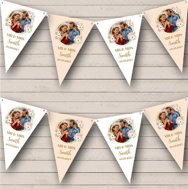 Mr & Mrs Wedding Day Date Flower Photo Peach Personalised Party Banner Bunting