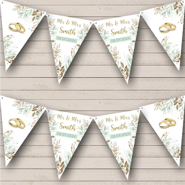 Mr & Mrs Wedding Day Rings Green Leaves Personalised Party Banner Bunting