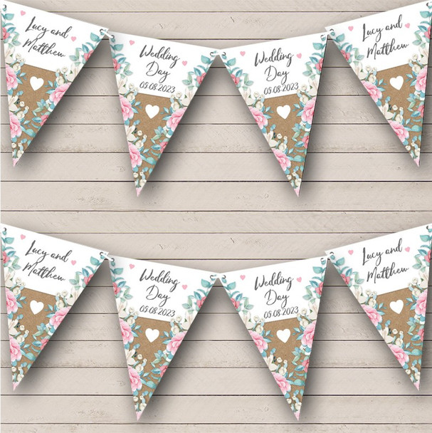 Wedding Day Pink Blue Flowers Kraft Personalised Party Banner Bunting